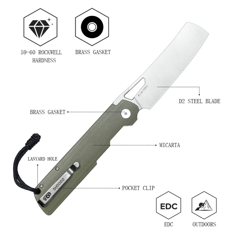 SHOOZIZ XUN119A-GMS liner lock folder, D2 steel satin, green Micarta, ceramic bearing, 4.53 inch closed