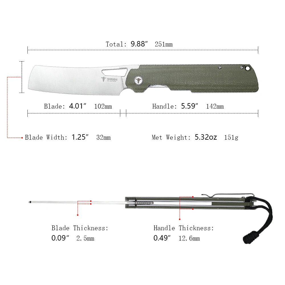SHOOZIZ XUN119A-GMS pocket knife, satin D2 blade, green Micarta handle, 7.72 inch overall, everyday carry