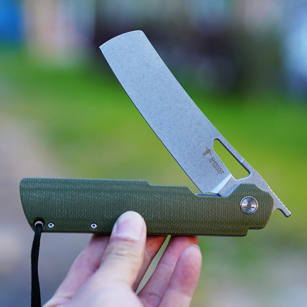 SHOOZIZ XUN119A-GMSt D2 steel blade folding knife, stonewashed, green Micarta, liner lock, 3.68 oz