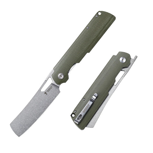 SHOOZIZ XUN119A-GMSt EDC folding knife, D2 steel blade with stonewashed finish, green Micarta handle, liner lock, 3.39 inch blade
