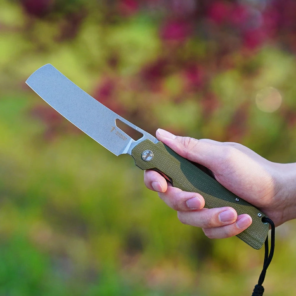SHOOZIZ XUN119A-GMSt everyday carry knife, green Micarta handle, stonewashed D2 blade, pocket clip, 58-59 HRC