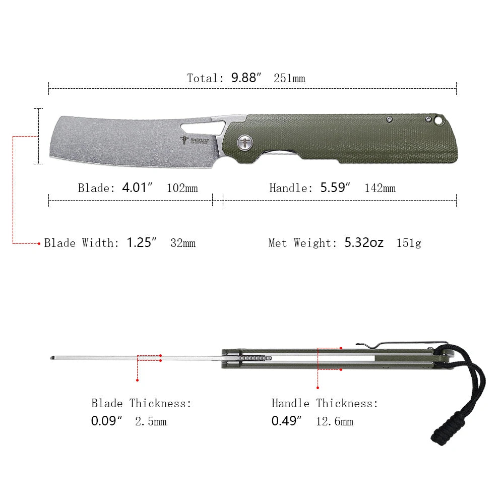 SHOOZIZ XUN119A-GMSt pocket knife, stonewashed D2 blade, green Micarta handle, 7.72 inch overall, everyday carry