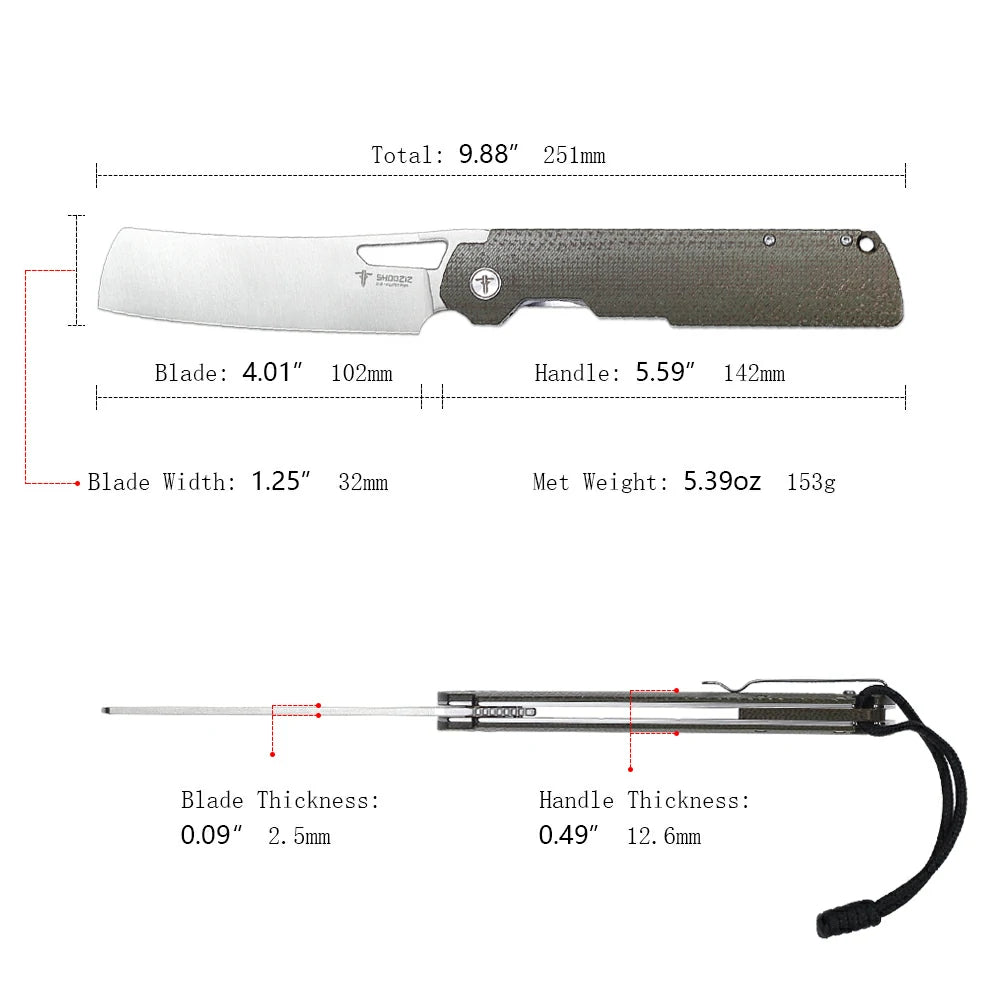 SHOOZIZ XUN119A-JGMS pocket knife, satin D2 blade, G10 handle, 7.72 inch overall, everyday carry