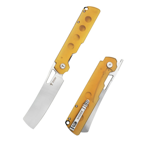 SHOOZIZ XUN119A-JUS large EDC folding knife, D2 steel blade with satin finish, translucent Ultem handle, liner lock, 4.02 inch blade, 6.07 oz