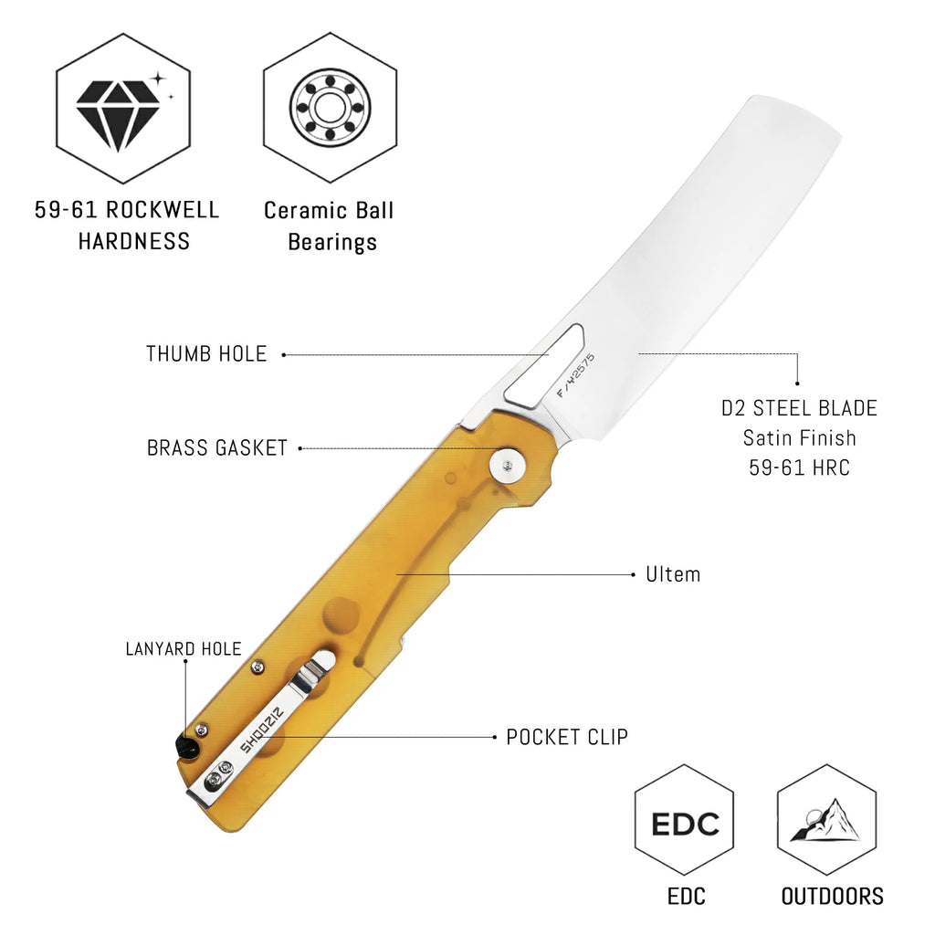 SHOOZIZ XUN119A-JUS liner lock folder, D2 steel satin, Ultem handle, ceramic bearing, 5.63 inch closed length