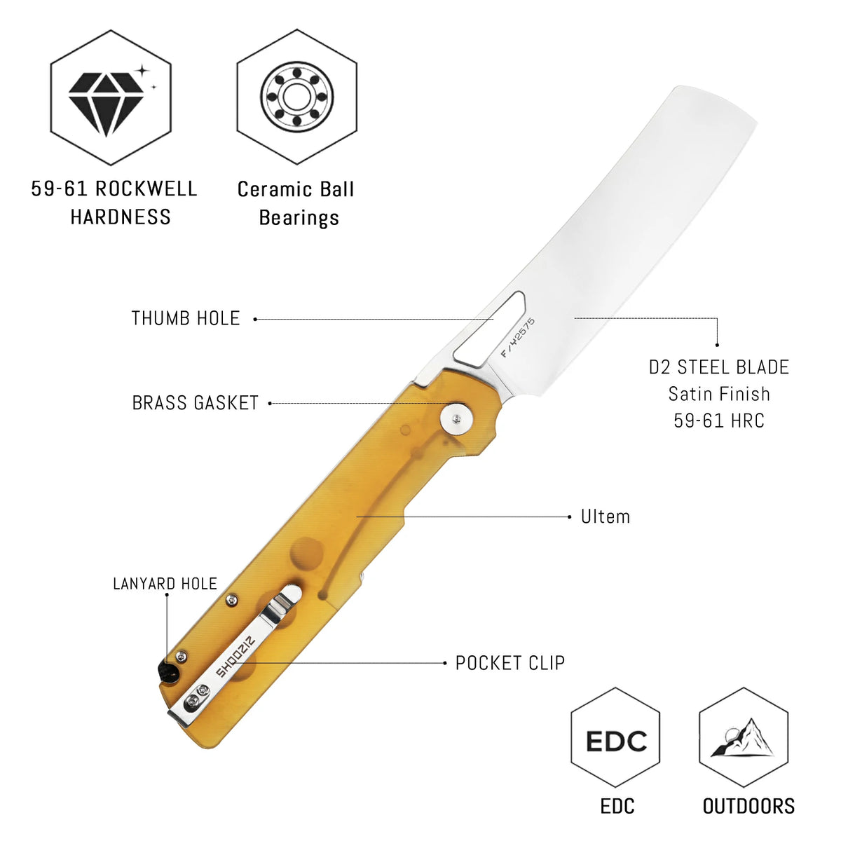 SHOOZIZ XUN119A-JUS Large EDC Knife | Ultem Handle & Satin D2