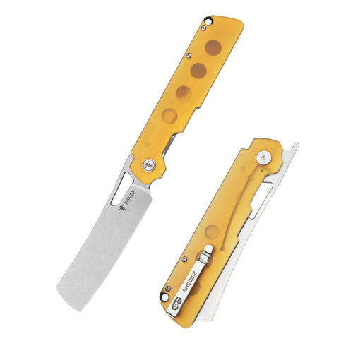 SHOOZIZ XUN119A-JUS large EDC folding knife, D2 steel blade with satin finish, translucent Ultem handle, liner lock, 4.02 inch blade, 6.07 oz