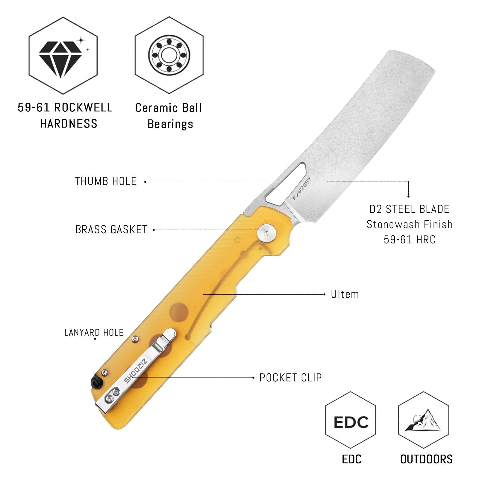 SHOOZIZ XUN119A-JUSt liner lock folder, D2 steel stonewashed, Ultem handle, ceramic bearing, 5.63 inch closed