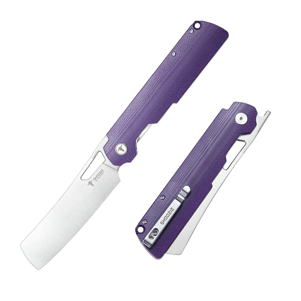 SHOOZIZ XUN119A-PGS EDC folding knife, D2 steel blade with satin finish, purple G10 handle, liner lock, 3.39 inch blade