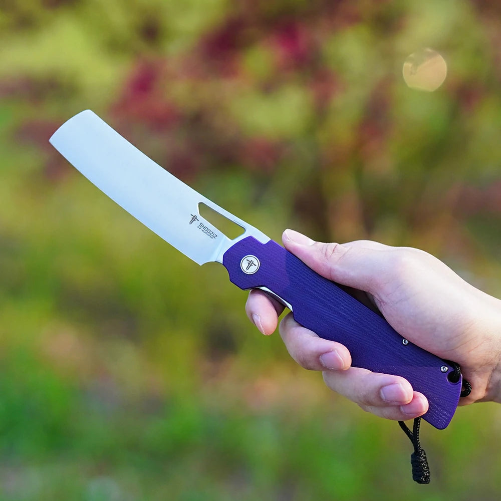 SHOOZIZ XUN119A-PGS everyday carry knife, purple G10 handle, satin D2 blade, pocket clip, 58-59 HRC