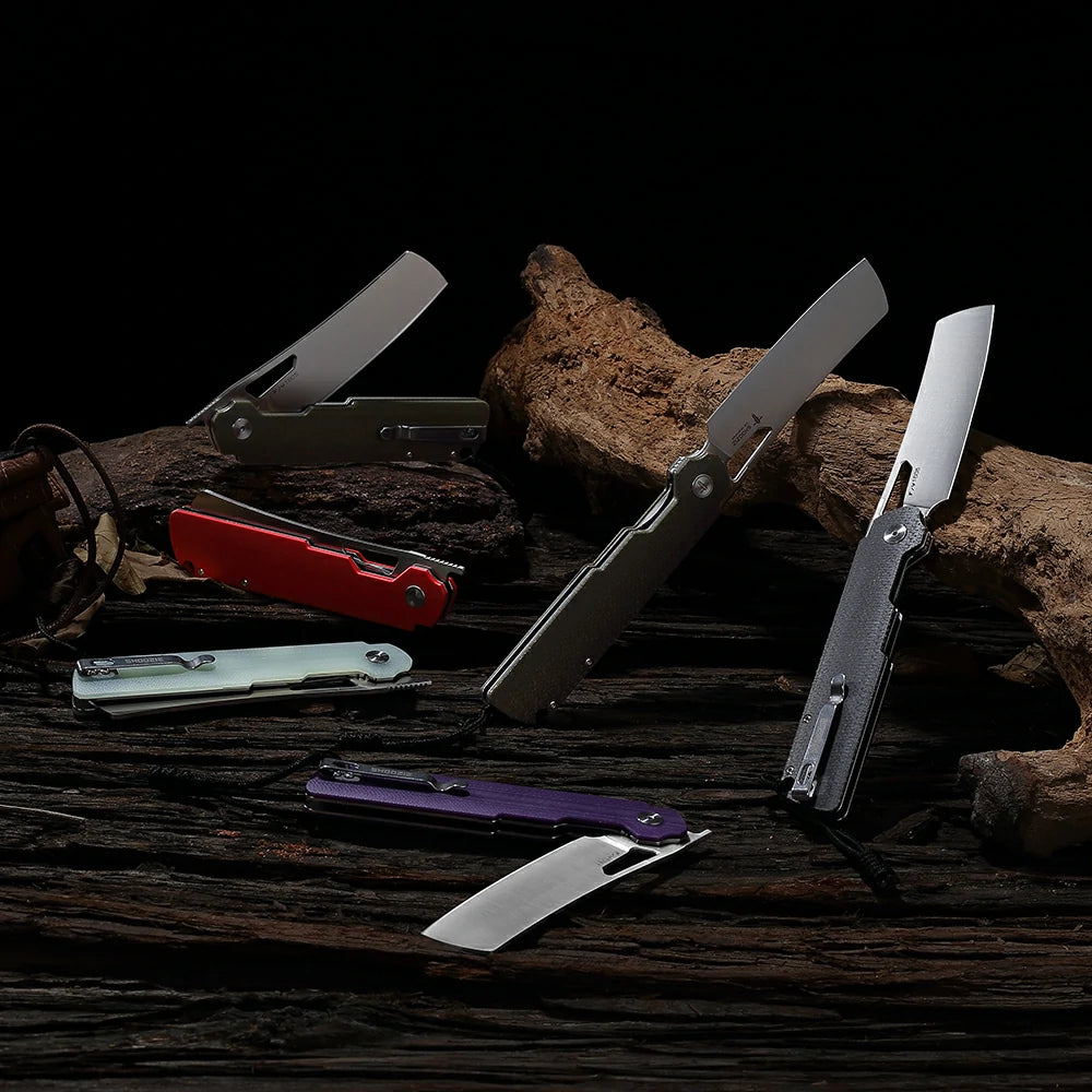 SHOOZIZ XUN119A-PGS purple G10 handle folding knife, satin D2 blade, liner lock, EDC, 3.39 inch blade