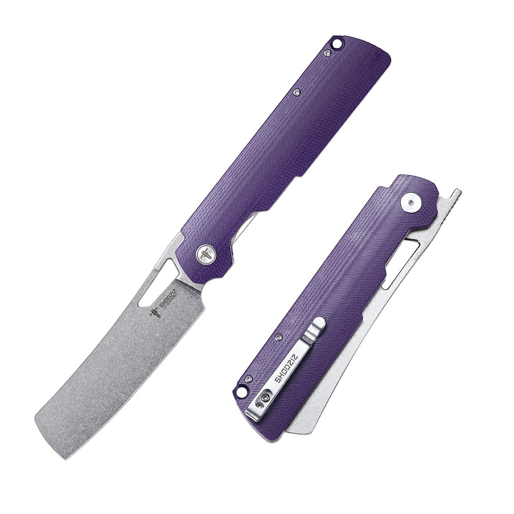 SHOOZIZ XUN119A-PGSt EDC folding knife, D2 steel blade with stonewashed finish, purple G10 handle, liner lock, 3.39 inch blade
