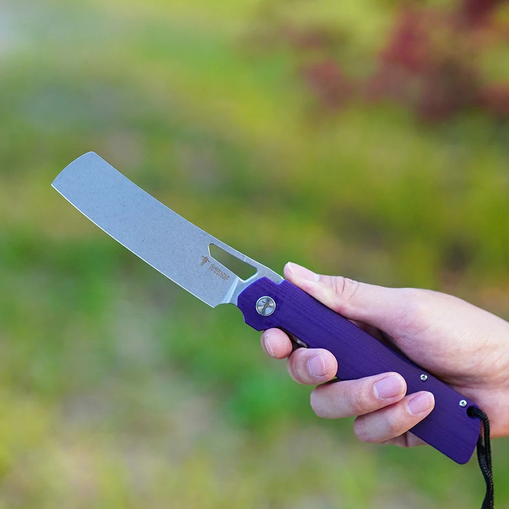 SHOOZIZ XUN119A-PGSt everyday carry knife, purple G10 handle, stonewashed D2 blade, pocket clip, 58-59 HRC