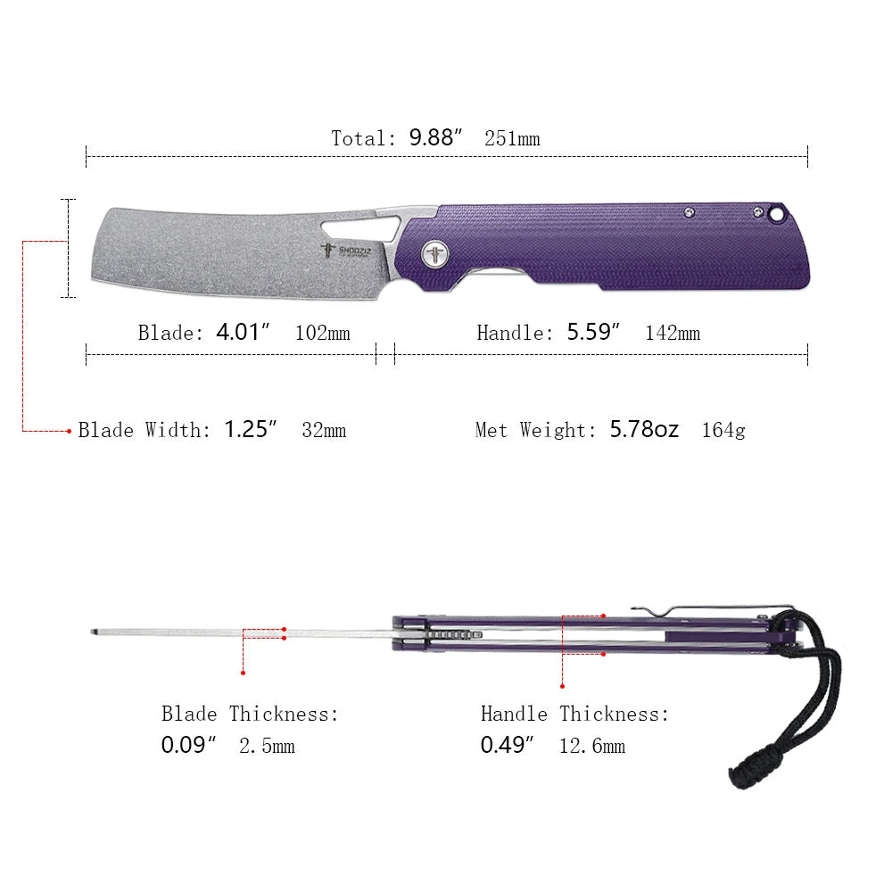 SHOOZIZ XUN119A-PGSt pocket knife, stonewashed D2 blade, purple G10 handle, 7.72 inch overall, everyday carry
