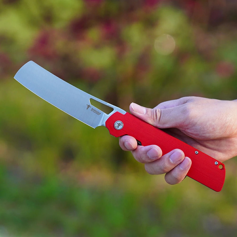 SHOOZIZ XUN119A-RGS D2 steel blade folding knife, satin, red G10, liner lock, 3.68 oz