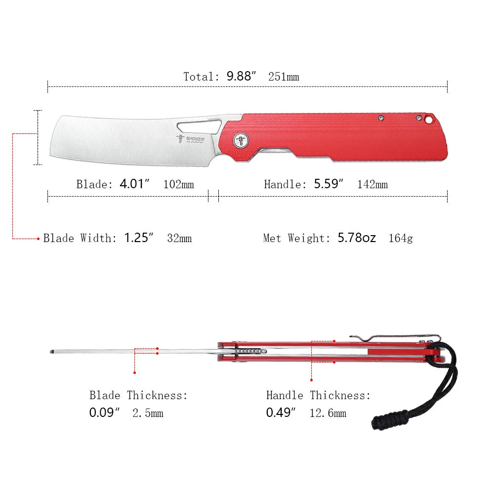 SHOOZIZ XUN119A-RGS pocket knife, satin D2 blade, red G10 handle, 7.72 inch overall, everyday carry