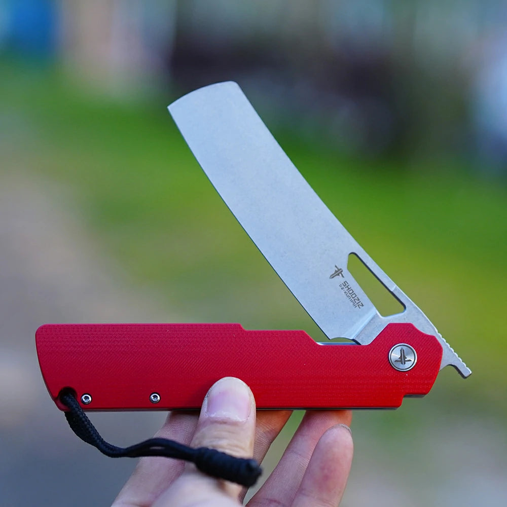 SHOOZIZ XUN119A-RGSt D2 steel blade folding knife, stonewashed, red G10, liner lock, 3.68 oz