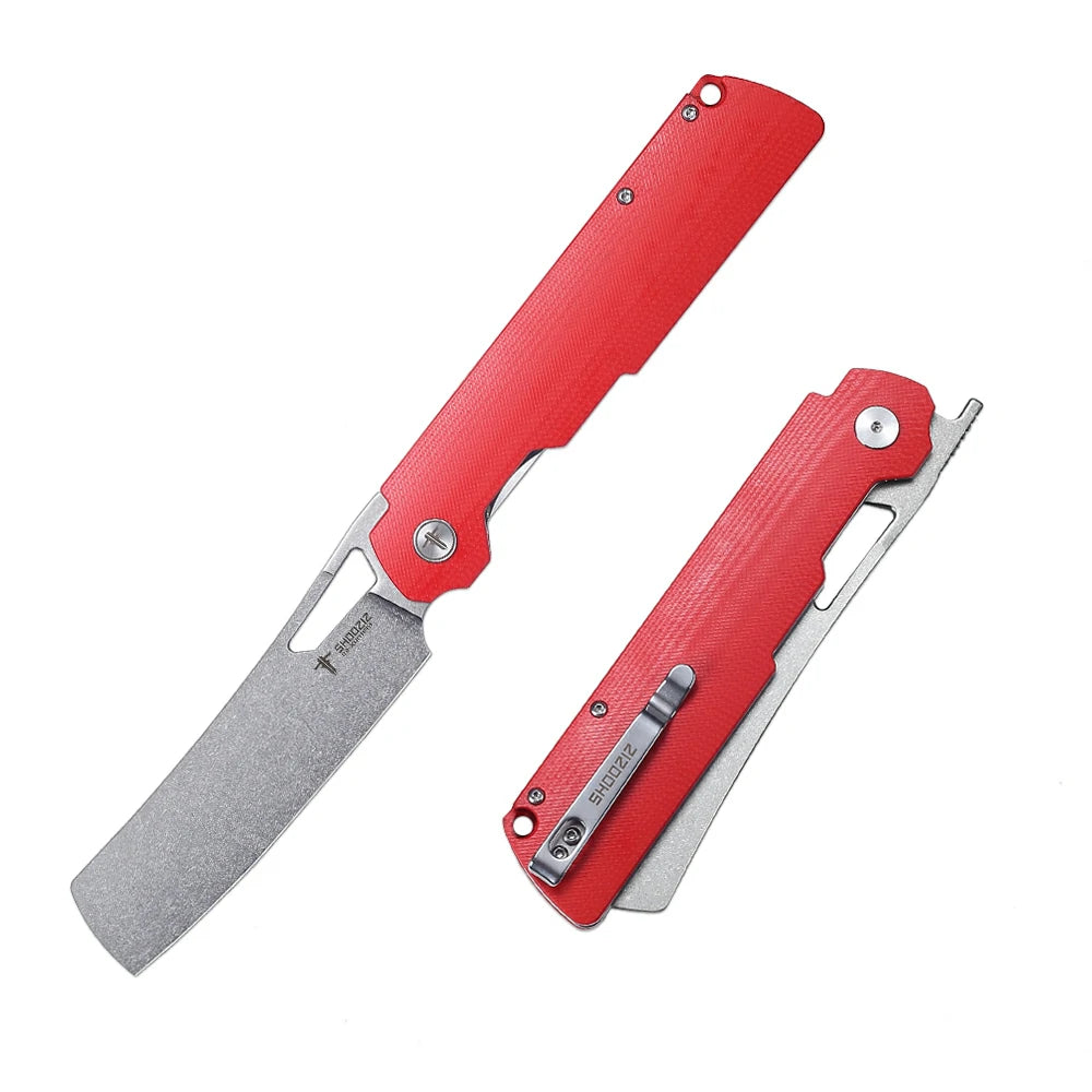 SHOOZIZ XUN119A-RGSt EDC folding knife, D2 steel blade with stonewashed finish, red G10 handle, liner lock, 3.39 inch blade