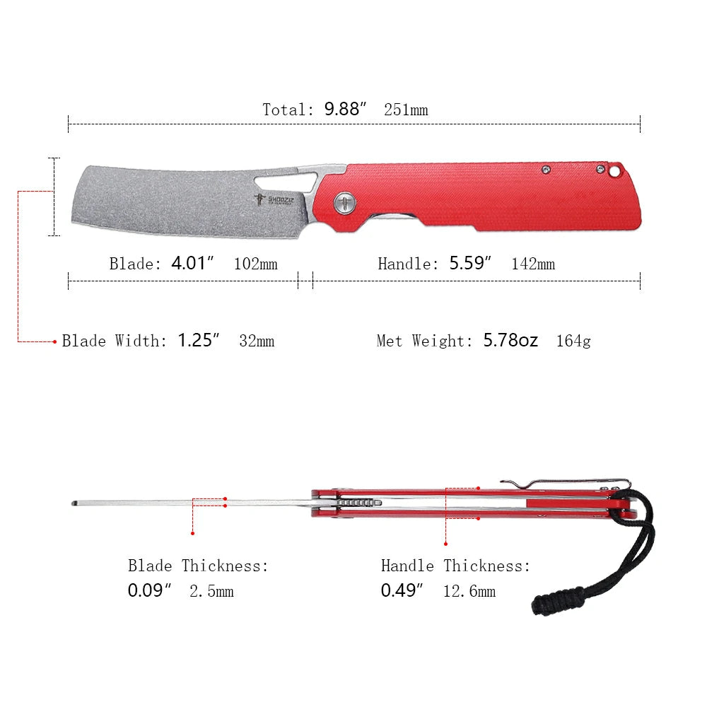 SHOOZIZ XUN119A-RGSt pocket knife, stonewashed D2 blade, red G10 handle, 7.72 inch overall, everyday carry