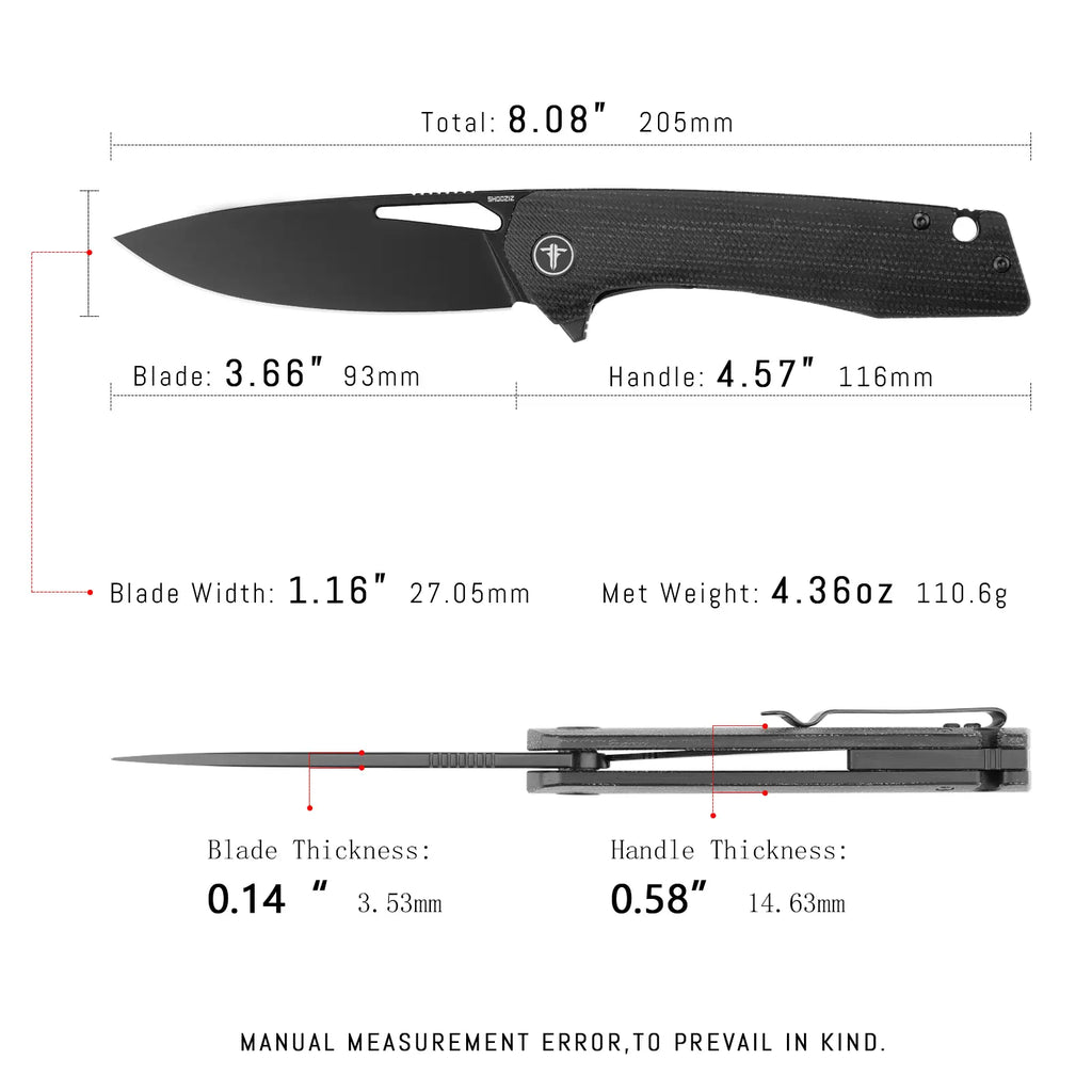 SHOOZIZ XUN120-BMB EDC knife dimensions, 8.08" total length, 3.66" blade, D2 steel, 110.6g weight.