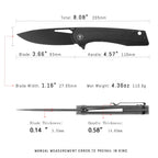 SHOOZIZ XUN120-BMB EDC knife dimensions, 8.08" total length, 3.66" blade, D2 steel, 110.6g weight.