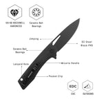 SHOOZIZ XUN120-BMB design features, D2 satin steel blade, ceramic ball bearings, black Micarta handle, 59-60 HRC.