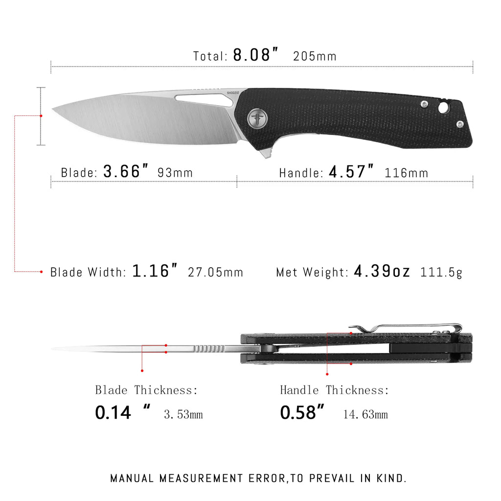 SHOOZIZ XUN120-BMS EDC knife dimensions, 8.08" total length, 3.66" blade, D2 steel, 111.5g weight.