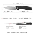 SHOOZIZ XUN120-BMS EDC knife dimensions, 8.08" total length, 3.66" blade, D2 steel, 111.5g weight.