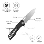 SHOOZIZ XUN120-BMS design features, D2 satin steel blade, ceramic ball bearings, black Micarta handle, 59-60 HRC.