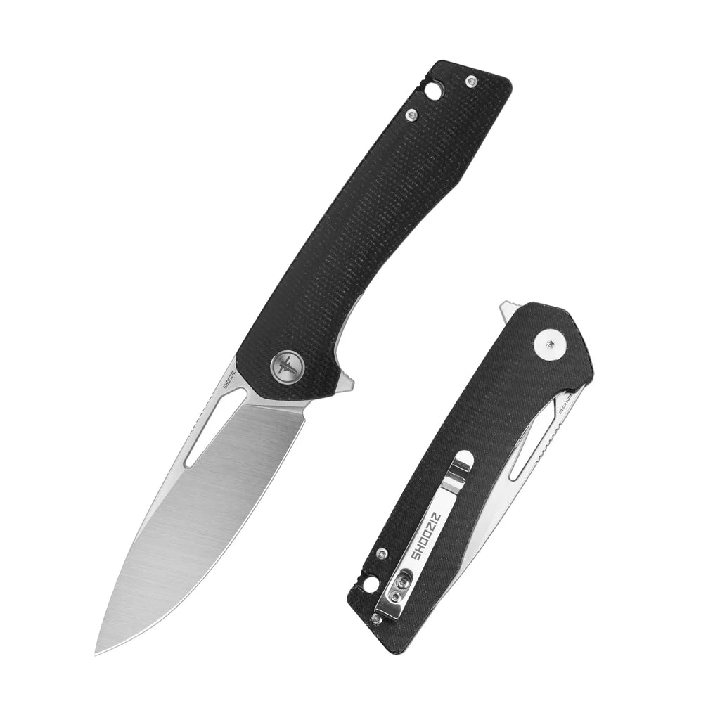 SHOOZIZ XUN120-BMS folding knife, D2 steel blade with satin finish, black Micarta handle, liner lock.