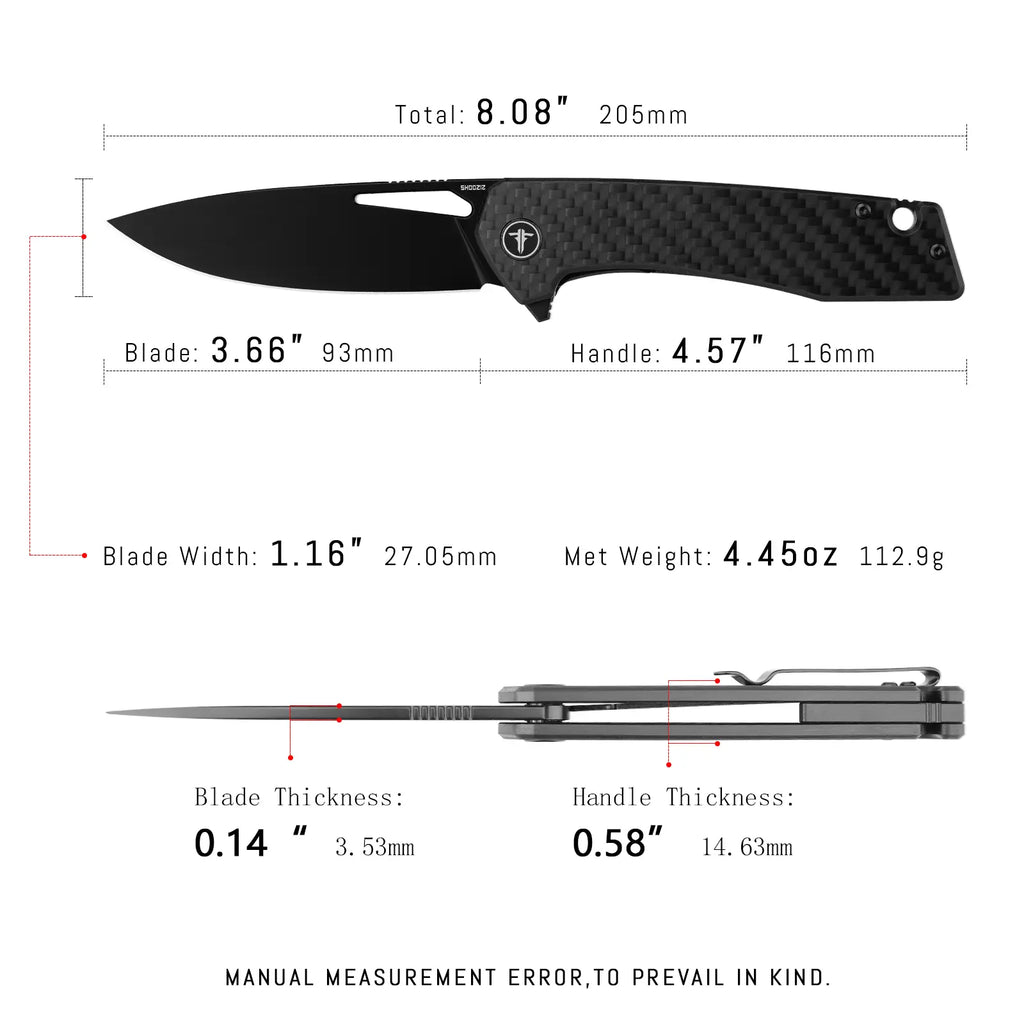 SHOOZIZ XUN120-CFGB EDC knife dimensions, 8.08" total length, 3.66" blade, D2 steel, 112.9g weight.