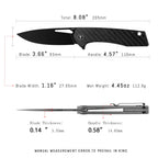 SHOOZIZ XUN120-CFGB EDC knife dimensions, 8.08" total length, 3.66" blade, D2 steel, 112.9g weight.
