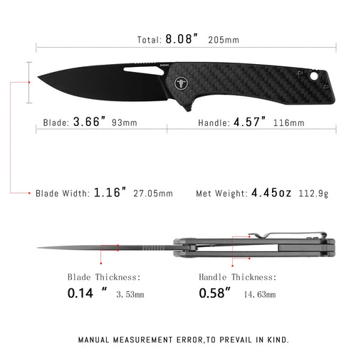 SHOOZIZ XUN120-CFGB EDC knife dimensions, 8.08" total length, 3.66" blade, D2 steel, 112.9g weight.