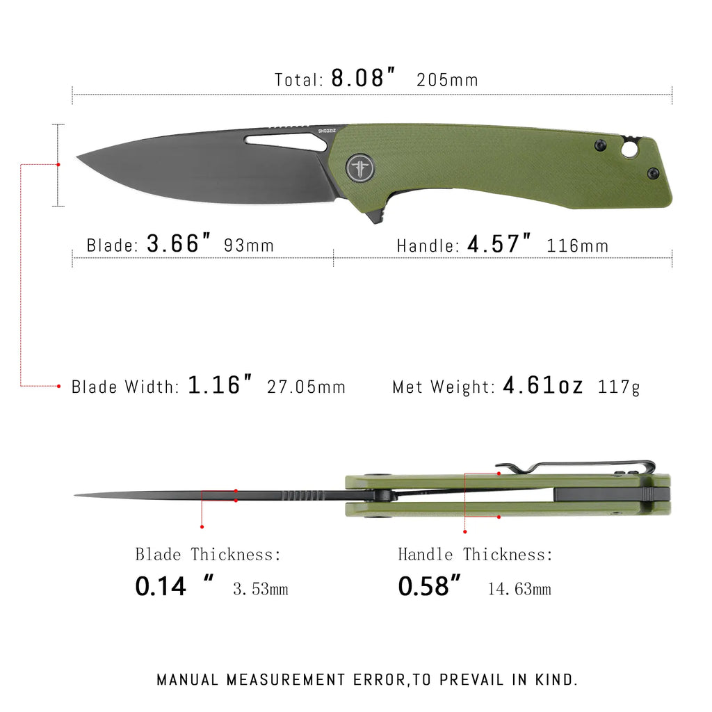 SHOOZIZ XUN120-GGB EDC knife dimensions, 8.08" total length, 3.66" blade, D2 steel, 117g weight.