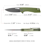 SHOOZIZ XUN120-GGB EDC knife dimensions, 8.08" total length, 3.66" blade, D2 steel, 117g weight.