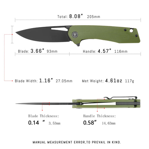 SHOOZIZ XUN120-GGB EDC knife dimensions, 8.08" total length, 3.66" blade, D2 steel, 117g weight.