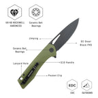 SHOOZIZ XUN120-GGB design features, D2 black PVD steel blade, ceramic ball bearings, green G10 handle, 59-60 HRC.