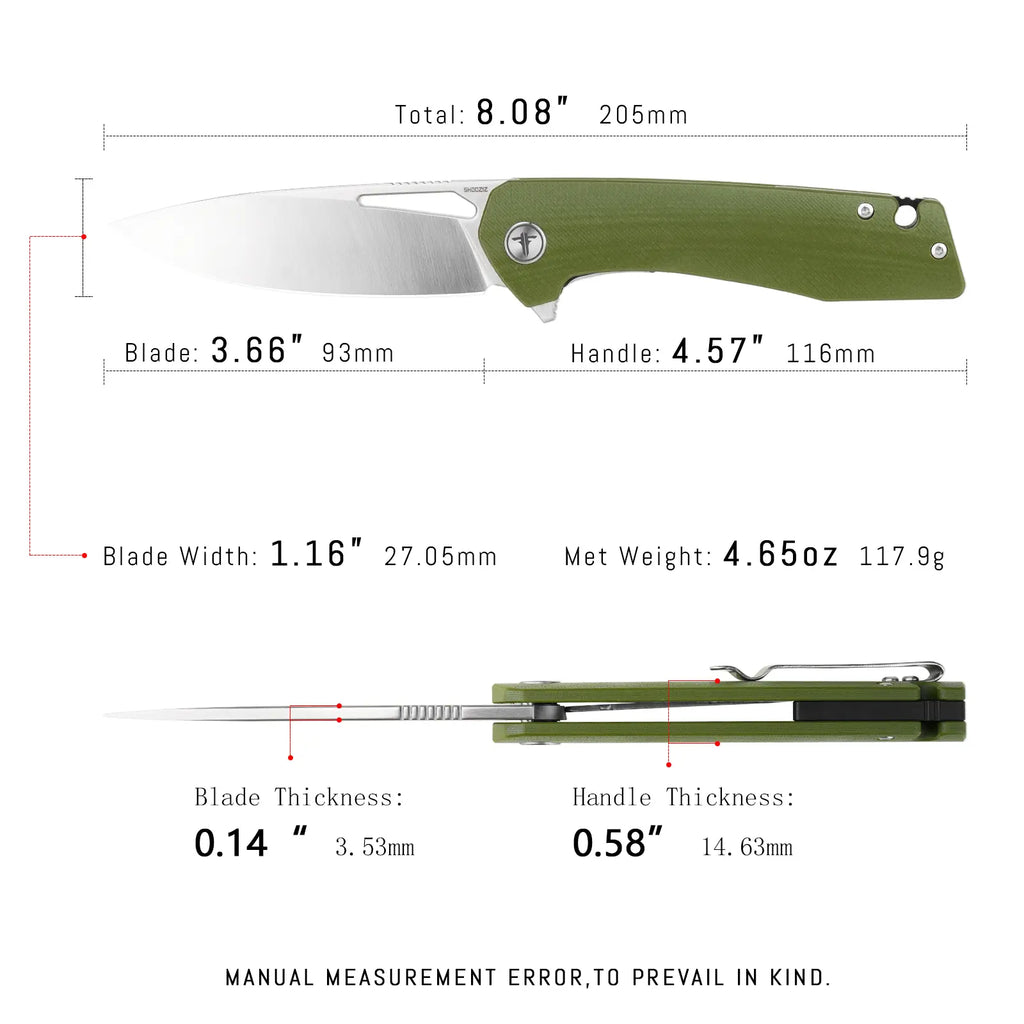 SHOOZIZ XUN120-GGS EDC knife dimensions, 8.08" total length, 3.66" blade, D2 steel, 117.9g weight.
