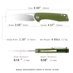 SHOOZIZ XUN120-GGS EDC knife dimensions, 8.08" total length, 3.66" blade, D2 steel, 117.9g weight.