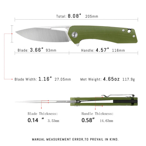 SHOOZIZ XUN120-GGS EDC knife dimensions, 8.08" total length, 3.66" blade, D2 steel, 117.9g weight.