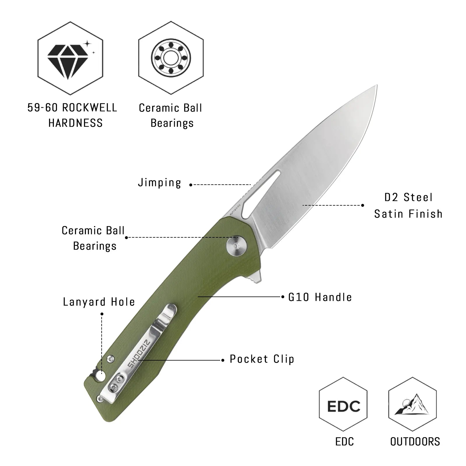 SHOOZIZ XUN120-GGS design features, D2 satin steel blade, ceramic ball bearings, green G10 handle, 59-60 HRC.