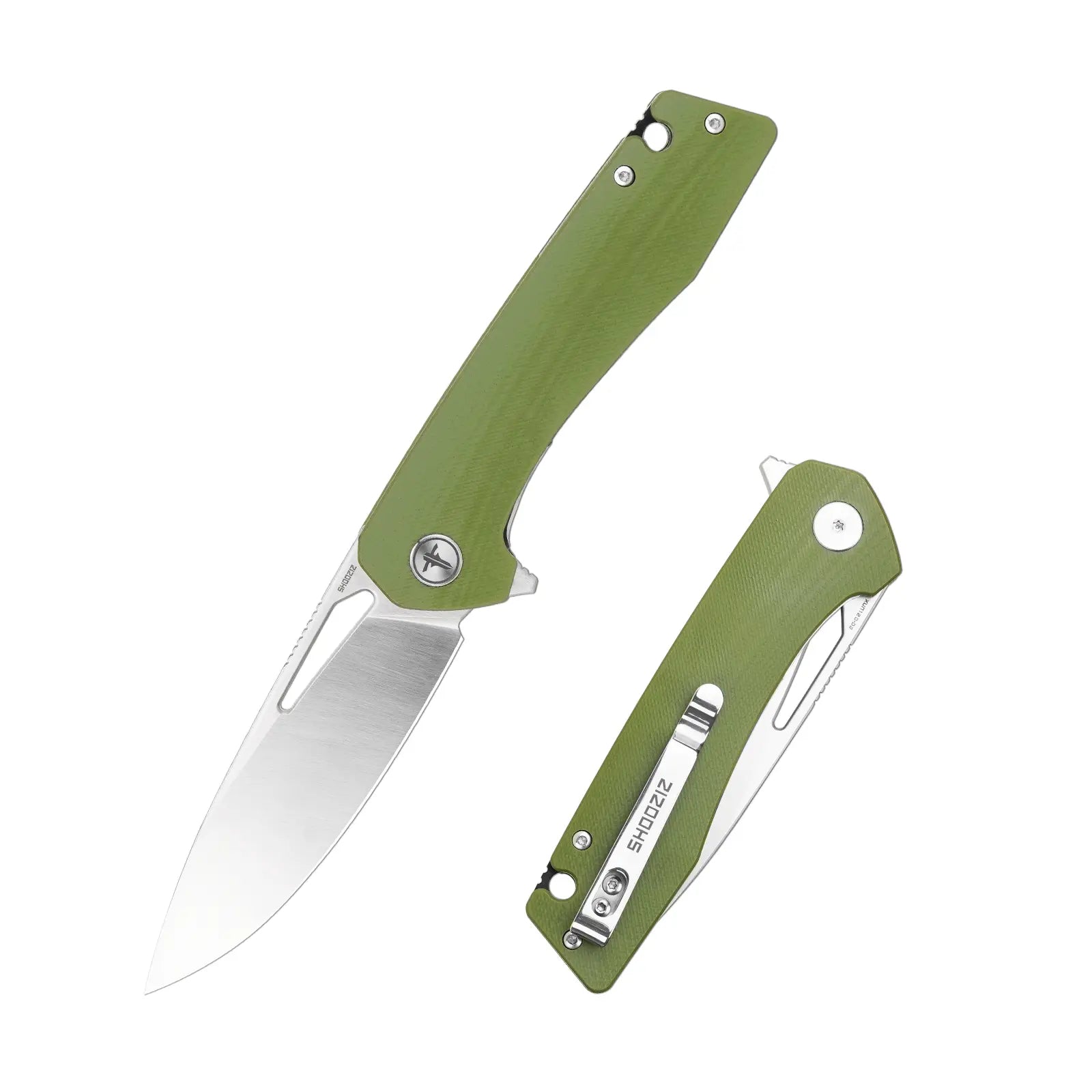 SHOOZIZ XUN120-GGS folding knife, D2 steel blade with satin finish, green G10 handle, liner lock.