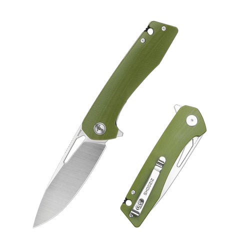 SHOOZIZ XUN120-GGS folding knife, D2 steel blade with satin finish, green G10 handle, liner lock.