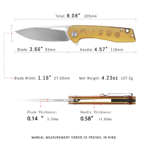 SHOOZIZ XUN120-JUS EDC knife dimensions, 8.08" total length, 3.66" blade, D2 steel, 107.3g weight.