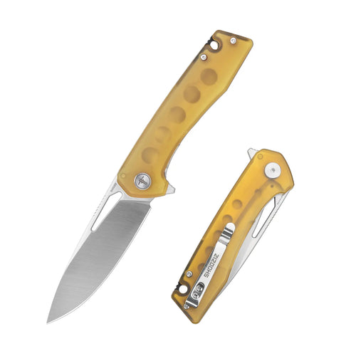 SHOOZIZ XUN120-JUS folding knife, D2 steel blade with satin finish, translucent yellow Ultem handle, liner lock.