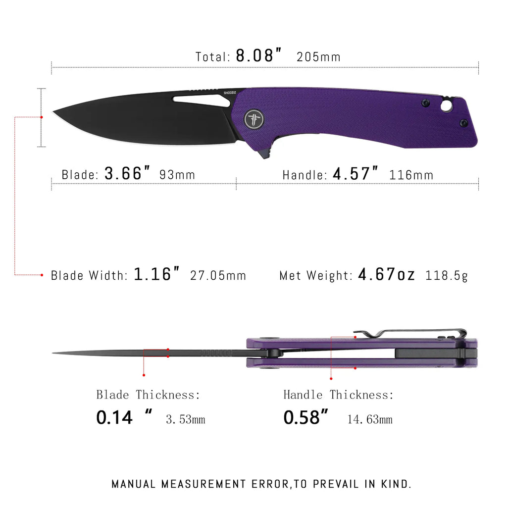 SHOOZIZ XUN120-PGB EDC knife dimensions, 8.08" total length, 3.66" blade, D2 steel, 118.5g weight.