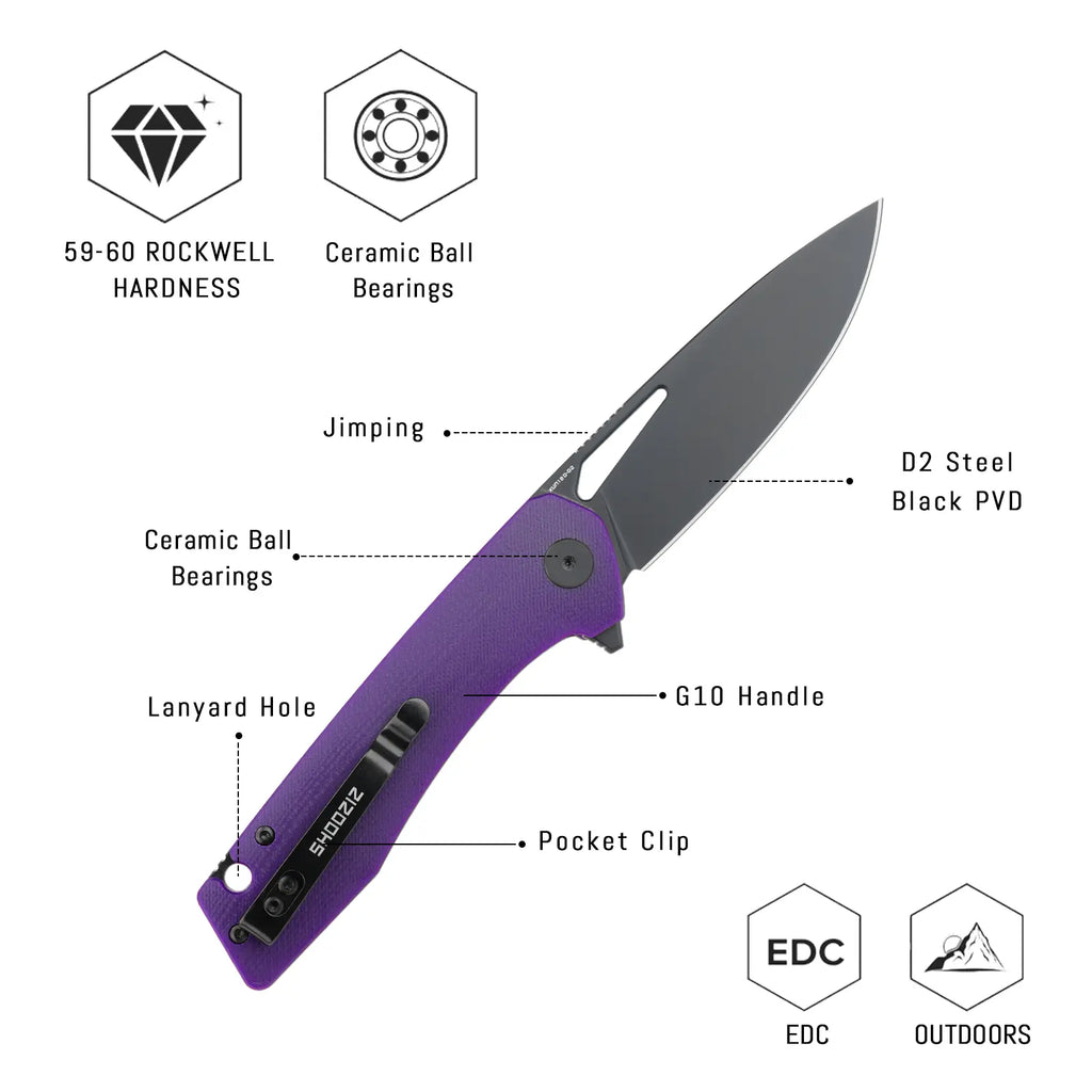 SHOOZIZ XUN120-PGB design features, D2 black PVD steel blade, ceramic ball bearings, purple G10 handle, 59-60 HRC.
