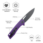 SHOOZIZ XUN120-PGB design features, D2 black PVD steel blade, ceramic ball bearings, purple G10 handle, 59-60 HRC.