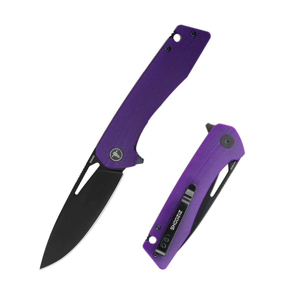 SHOOZIZ XUN120-PGB folding knife, D2 steel blade with black PVD finish, purple G10 handle, liner lock.