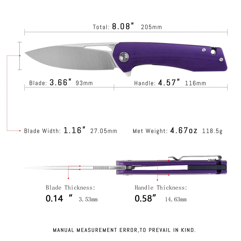 SHOOZIZ XUN120-PGS EDC knife dimensions, 8.08" total length, 3.66" blade, D2 steel, 118.5g weight.
